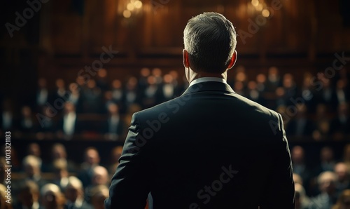 Back view of a politician in a black suit standing in front of an audience, delivering an important announcement and political speech, Generative AI