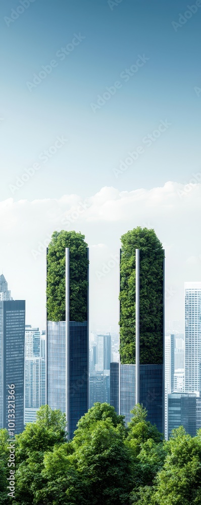 Fototapeta premium Modern skyscrapers covered in greenery against a clear blue sky.