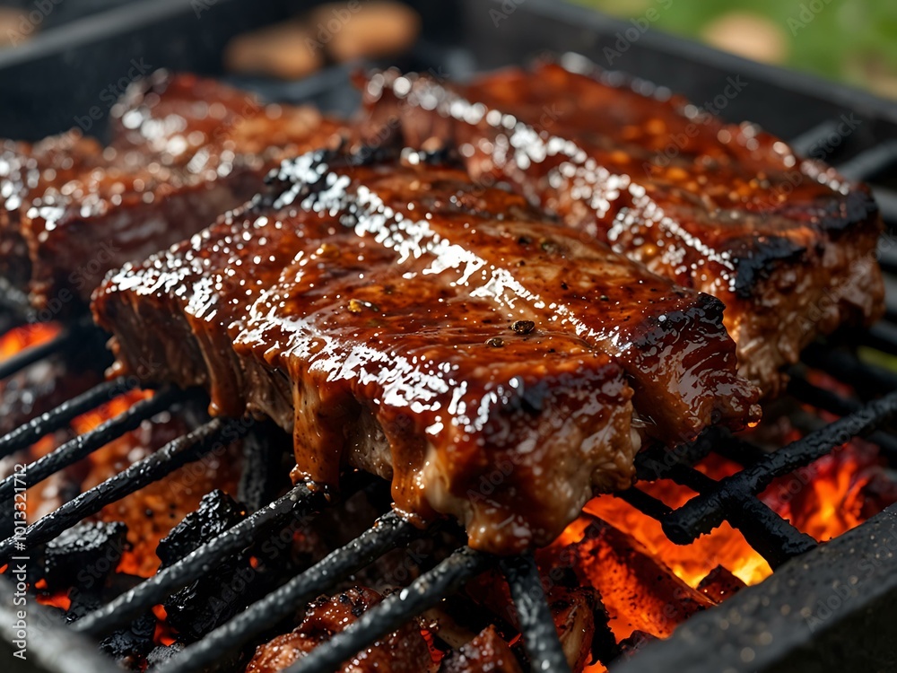 Sauce-covered ribs grilling over hot coals, creating a warm atmosphere of perfect backyard barbecue. Sauce-covered ribs grilling over hot coals, creating a warm atmosphere of perfect backyard barbecue.