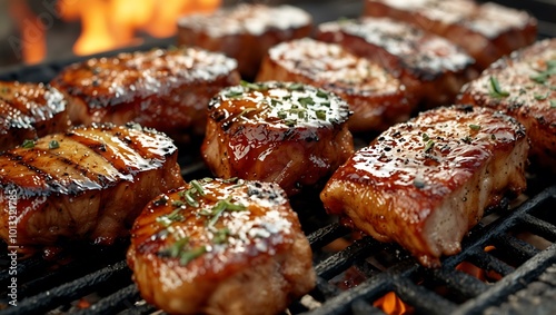 Savory glazed meats are barbecued on a grill, releasing rich smoke that brings a sense of summer celebration.