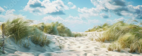 Coastal sand dunes with marram grass swaying in the breeze, under a sunny sky, 4K hyperrealistic photo photo