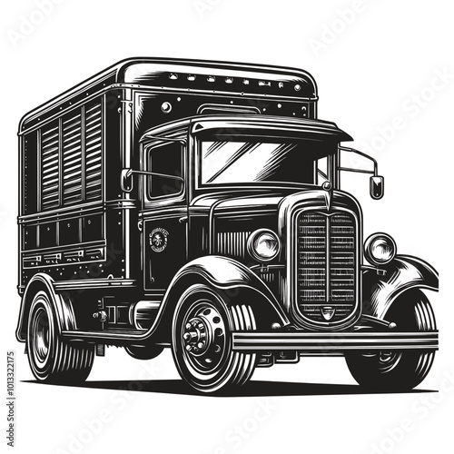 Black and white detailed illustration of a classic vintage truck, ideal for retro designs, posters, and automotive artwork.