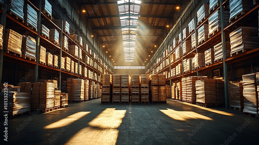 Wide-angle shot of a massive warehouse with pallets of goods stacked high on shelves, industrial lights casting long shadows, Wide-angle shot of a massive warehouse with pallets of goods stacked high on shelves, industrial lights casting long shadows,
