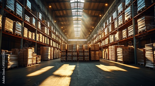 Wide-angle shot of a massive warehouse with pallets of goods stacked high on shelves, industrial lights casting long shadows,