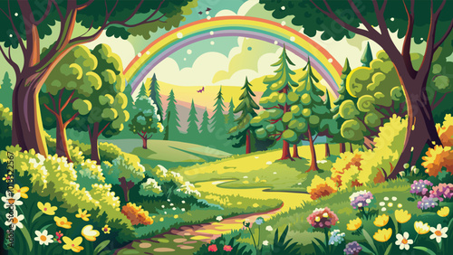 Spring landscape of forest with trees grass nature valley park with meadow and flowers field in spring with rainbow cartoon vector art illustration.AI GENERATED