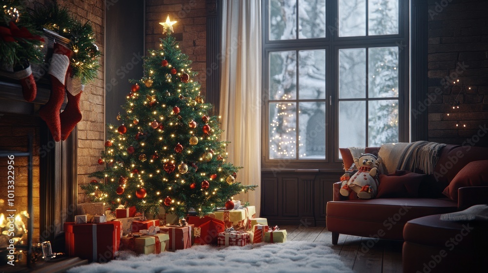 A comfortable scene with a Christmas tree decorated with ornaments, wrapped presents, and lit strings A comfortable scene with a Christmas tree decorated with ornaments, wrapped presents, and lit strings