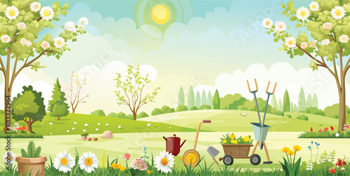 Spring landscape with garden tools, vector  art illustration