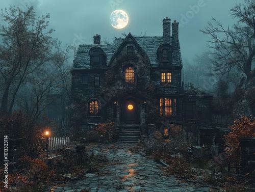 chilling 3d illustration of a halloweenthemed horror house set in a creepy street illuminated by eerie moonlight creating a spinechilling atmosphere of mystery and suspense photo