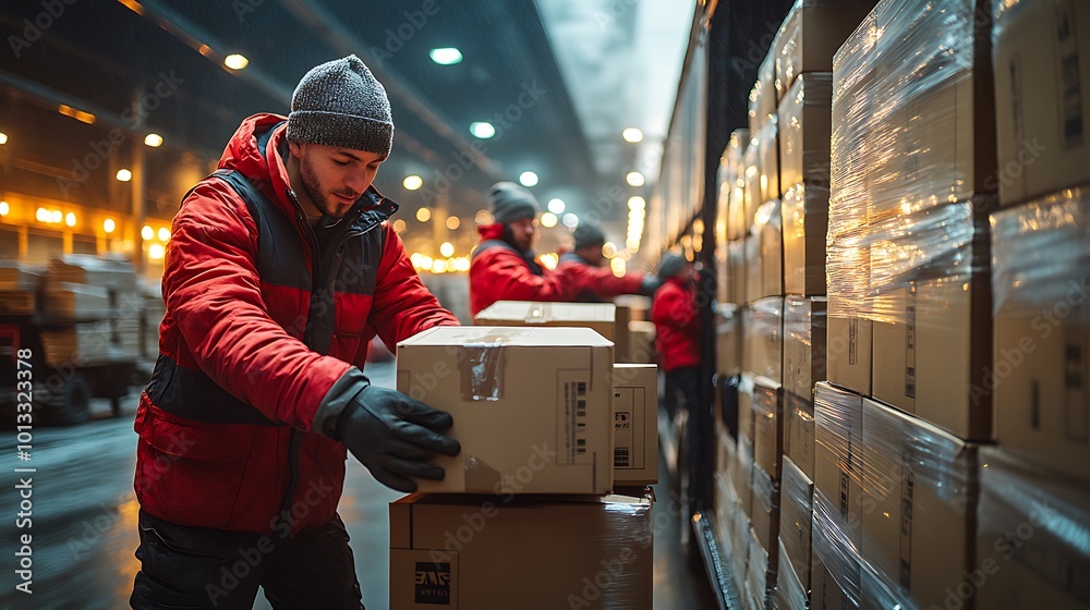 Warehouse workers loading heavy boxes into the back of a large truck at a busy loading dock, stacks of boxes waiting to be loaded, industrial lighting creating sharp shadows, Warehouse workers loading heavy boxes into the back of a large truck at a busy loading dock, stacks of boxes waiting to be loaded, industrial lighting creating sharp shadows,