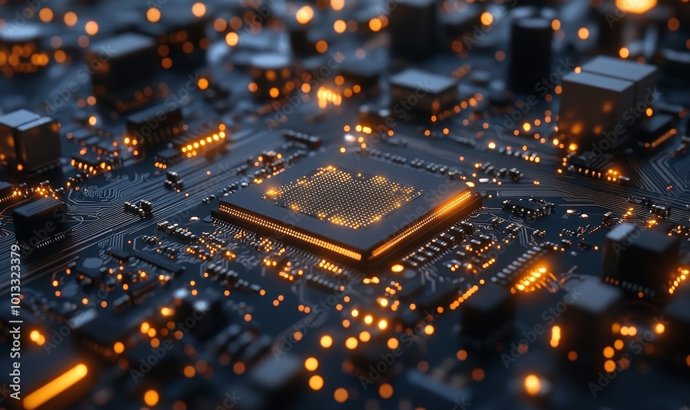 Close-up of a circuit board with microchips, highlighting the crucial role of electronics in daily life and the global import-export industry, Generative AI Close-up of a circuit board with microchips, highlighting the crucial role of electronics in daily life and the global import-export industry, Generative AI