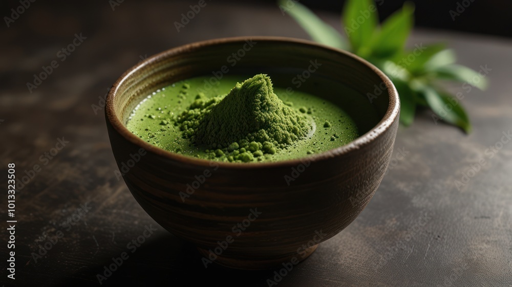 Japanese matcha drink in a bowl that made from real matcha or matcha powder Japanese matcha drink in a bowl that made from real matcha or matcha powder