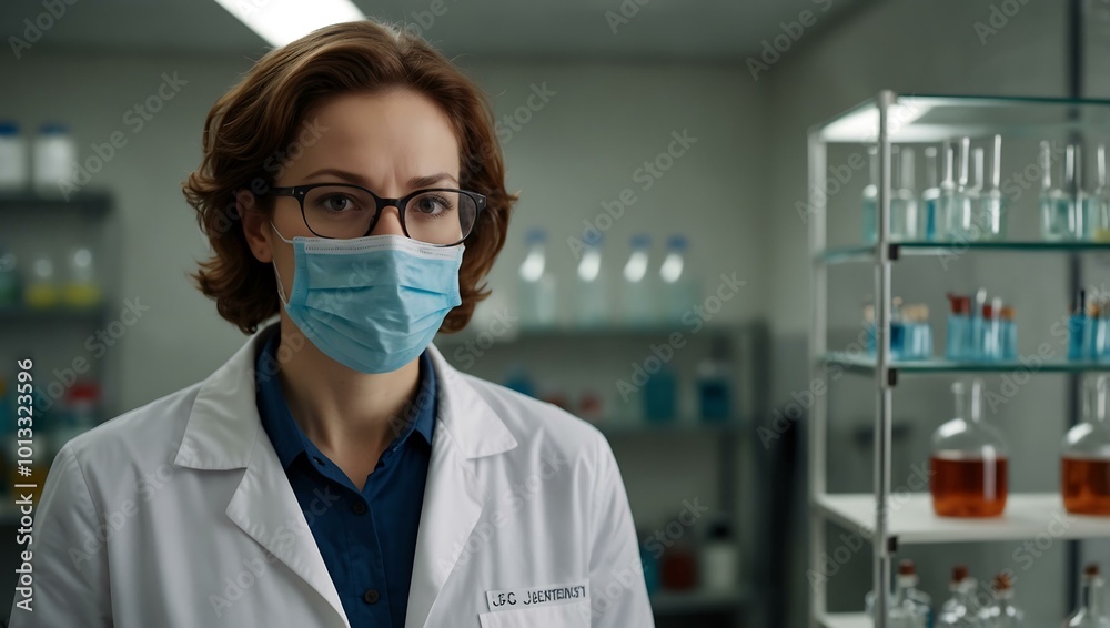 Scientist in glasses and a mask stands in a lab with glass containers. Scientist in glasses and a mask stands in a lab with glass containers.
