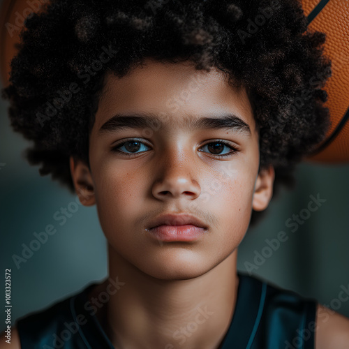 A boy with Afro hair getting ready for a basketball game