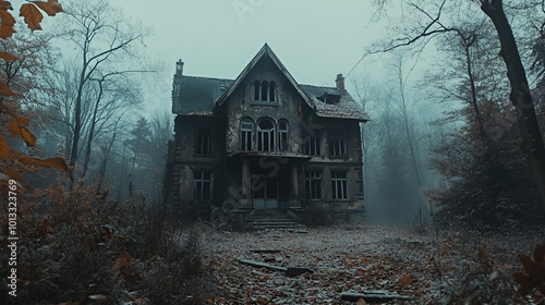 An old abandoned house stands in the middle of a foggy forest.