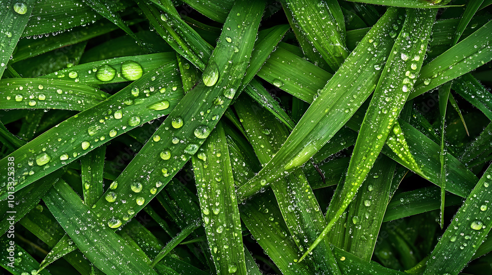 Lush green grass with water droplets creates refreshing and vibrant scene Lush green grass with water droplets creates refreshing and vibrant scene