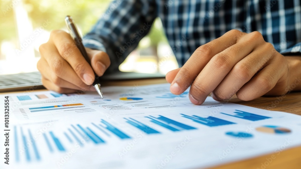 Analyzing Financial Data: A Close-Up View of a Businessperson Studying Charts and Graphs Analyzing Financial Data: A Close-Up View of a Businessperson Studying Charts and Graphs