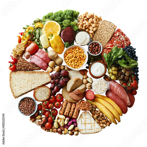 Variety of healthy foods arranged in a circular pattern.