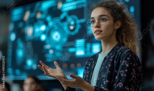 Portrait of a Young Male Teacher Giving a Data Science Lecture to Diverse Multiethnic Group of Female and Male Students in Dark College Room. Projecting Slideshow with a Neural Network