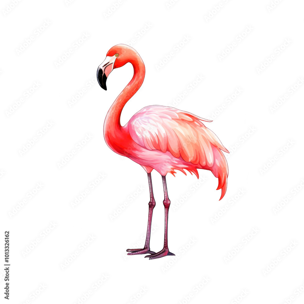 Obraz premium Pink flamingo standing tall with elegant neck curvature, suitable for tropical themed designs, nature concepts, or birdwatching enthusiasts. Generative AI