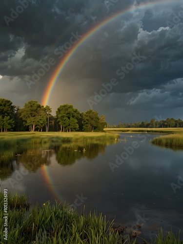 Serene landscape with a rainbow after a storm.