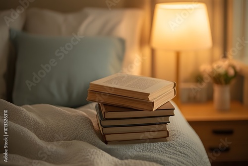 Close-up of a Stack of Books on Nightstand photo