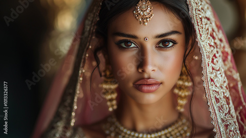 A dramatic portrait of Beautiful Indian woman in a stunning wedding dress against a backdrop of ornate patterns and rich traditional décor 