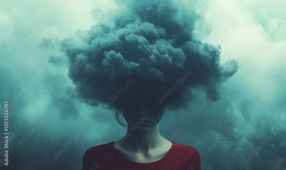A person with a dark cloud above their head, symbolizing depression and mental health struggles. The image captures the weight and darkness of mental health, Generative AI A person with a dark cloud above their head, symbolizing depression and mental health struggles. The image captures the weight and darkness of mental health, Generative AI