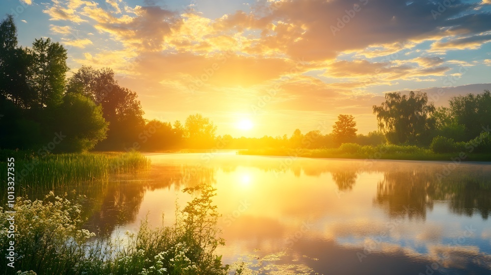 Serene Sunrise Over Tranquil Landscape Reflection Serene Sunrise Over Tranquil Landscape Reflection