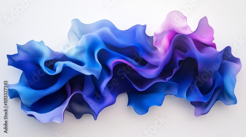 Flowing blue and purple textiles are featured in captivating 3D abstract artwork, which produces a vivid and dynamic illusion of movement and velvety feel.