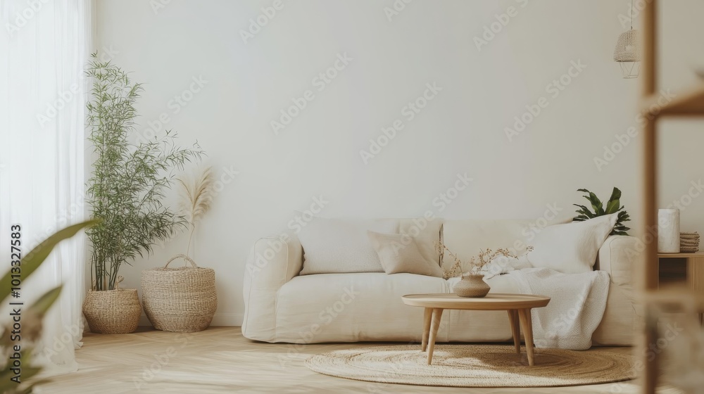 Naklejka premium Modern living room interior with beige sofa, coffee table and boho decor elements in minimalist home design. 