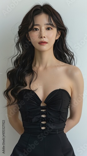 Elegant woman in a black dress posing for a portrait