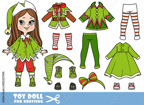 Cartoon girl with straight hair and New Year elf costume designer with boots, tights, cardigans and hats