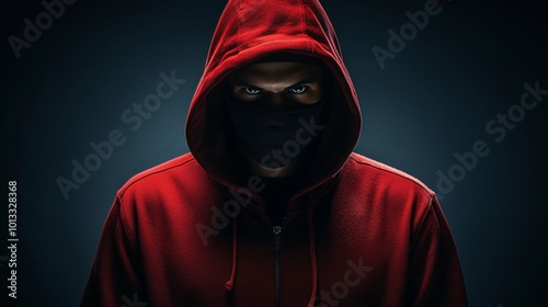 Man in black hoodie featuring red shield and padlock icon against dark blue cyber security backdrop