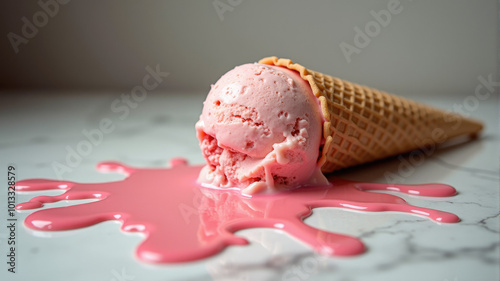 Spilled pink ice cream melting on the floor
