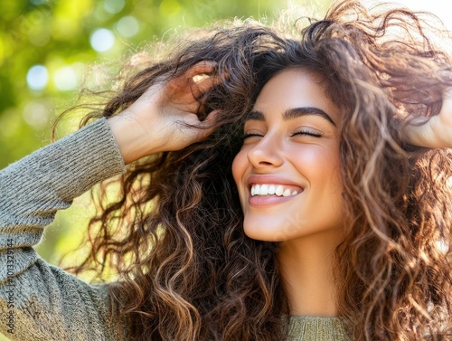 A woman with beautiful curly hair smiles joyfully in sunlight, capturing the essence of happiness, confidence, and natural beauty in a vibrant outdoor setting. photo