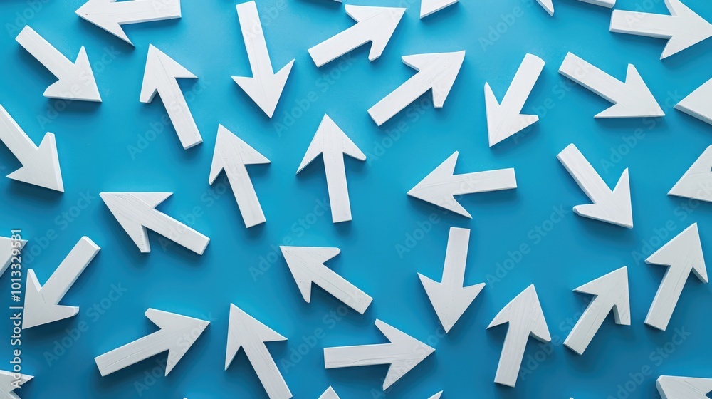 Multiple white arrows pointing in various directions on a blue background. Concept of choice, decisions, paths, and directions in life. Multiple white arrows pointing in various directions on a blue background. Concept of choice, decisions, paths, and directions in life.