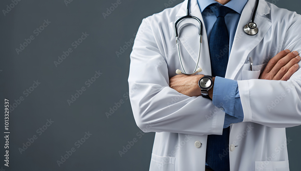 Confident Doctor with Stethoscope Arms Crossed Wearing White Coat and Blue Tie design Confident Doctor with Stethoscope Arms Crossed Wearing White Coat and Blue Tie design