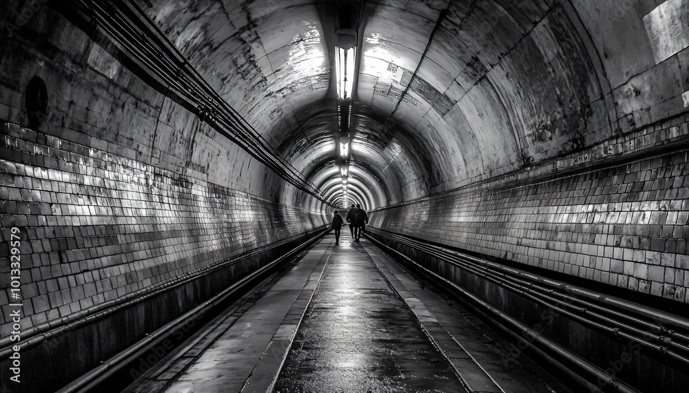 Obraz premium Shoot people at the end of a subway tunnel or underground passageway, using the vanishing lines of the tunnel to draw attention to the subject