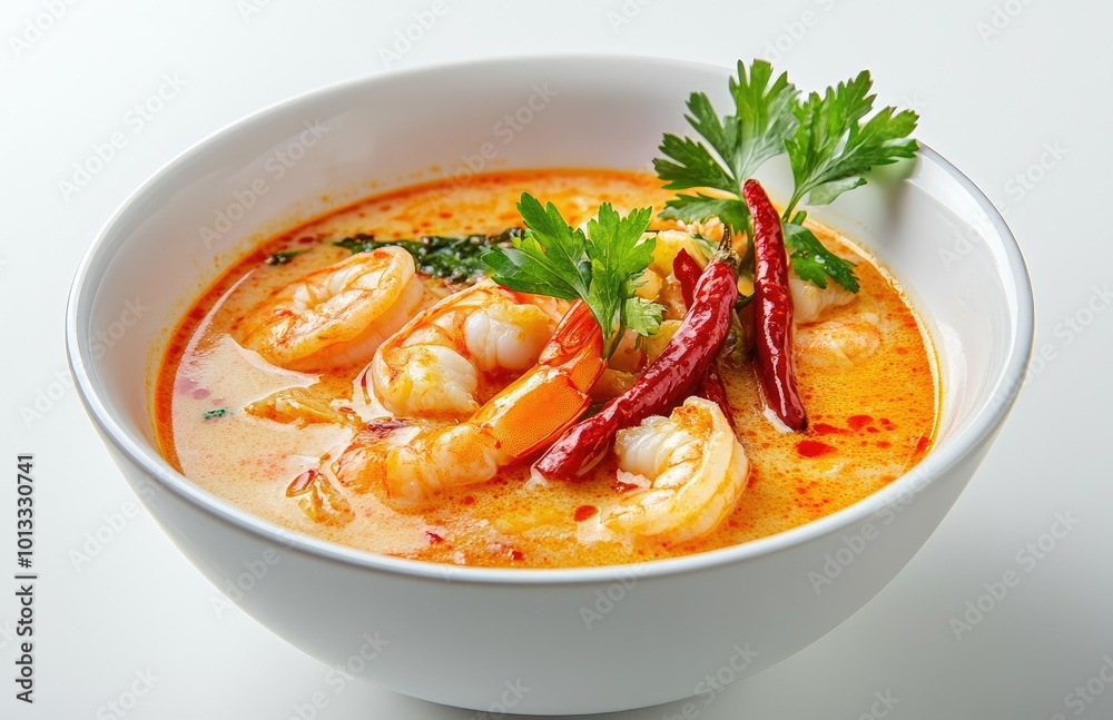 Tom Yum Gong prawn soup, white bowl on the table with white background