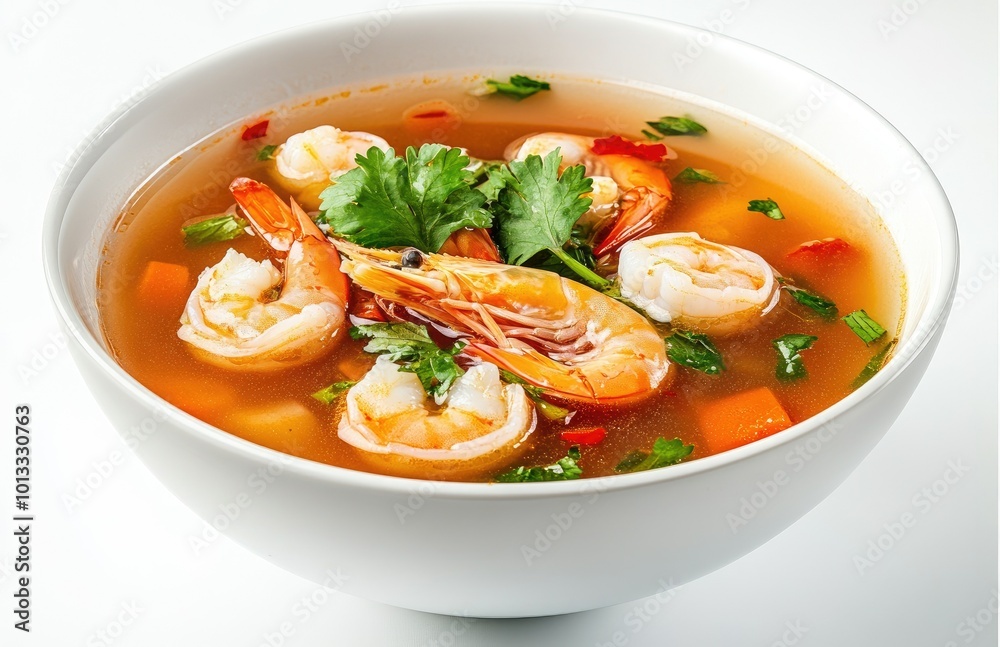 Tom Yum Gong prawn soup, white bowl on the table with white background