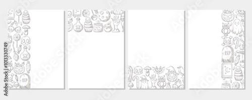 Set of vector halloween vertical a4 poster, space for text. Monochrome upper, bottom, sides border frame with spooky and scary elements. For card, banner, invitation, social media, party or planner.