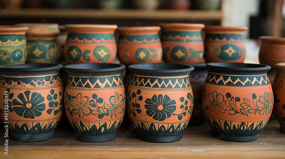 A detailed view of Indian art on pottery and ceramics with traditional patterns A detailed view of Indian art on pottery and ceramics with traditional patterns
