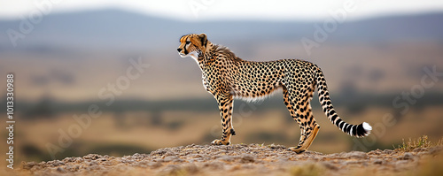 Cheetah standing on rocky ground with blurred natural background. photo