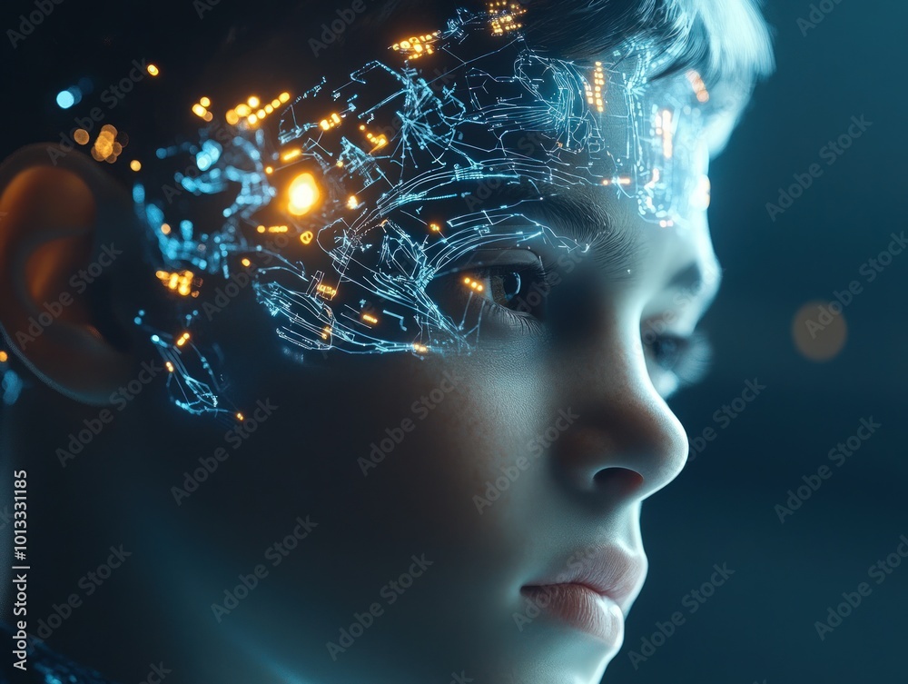 Obraz premium AI-controlled brain in a digital human boy optimizing decision-making