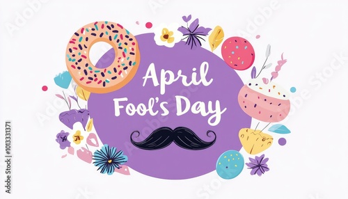 Vector illustration of "April Fool's Day" text with a mustache and donut on a purple background