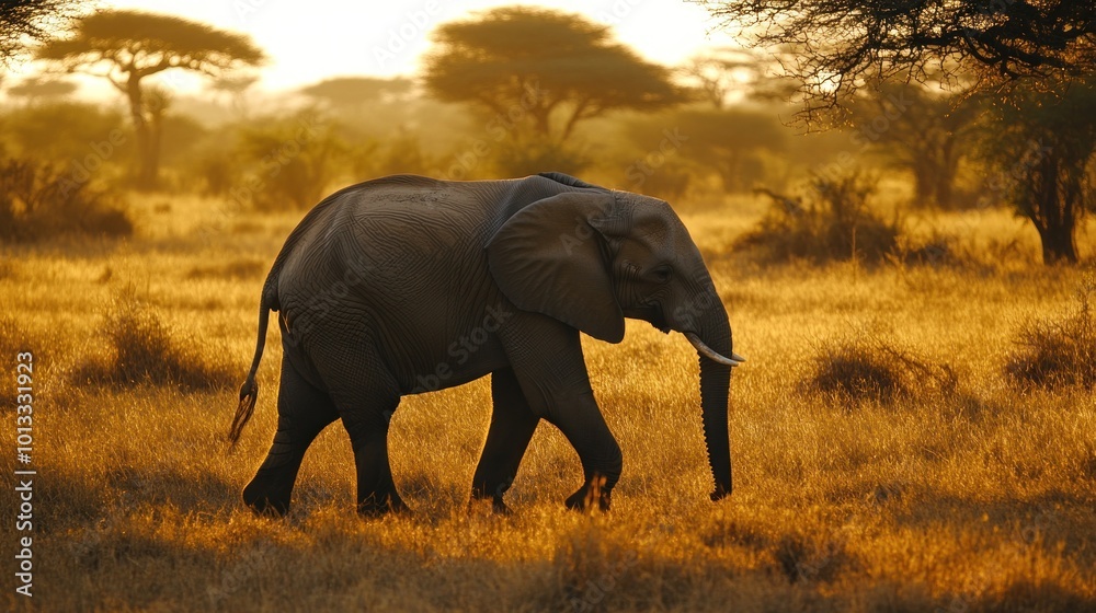 Naklejka premium Elephant Walking in African Savannah at Sunset