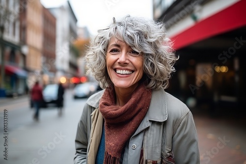 Portrait of a smiling middle-aged woman in the city.