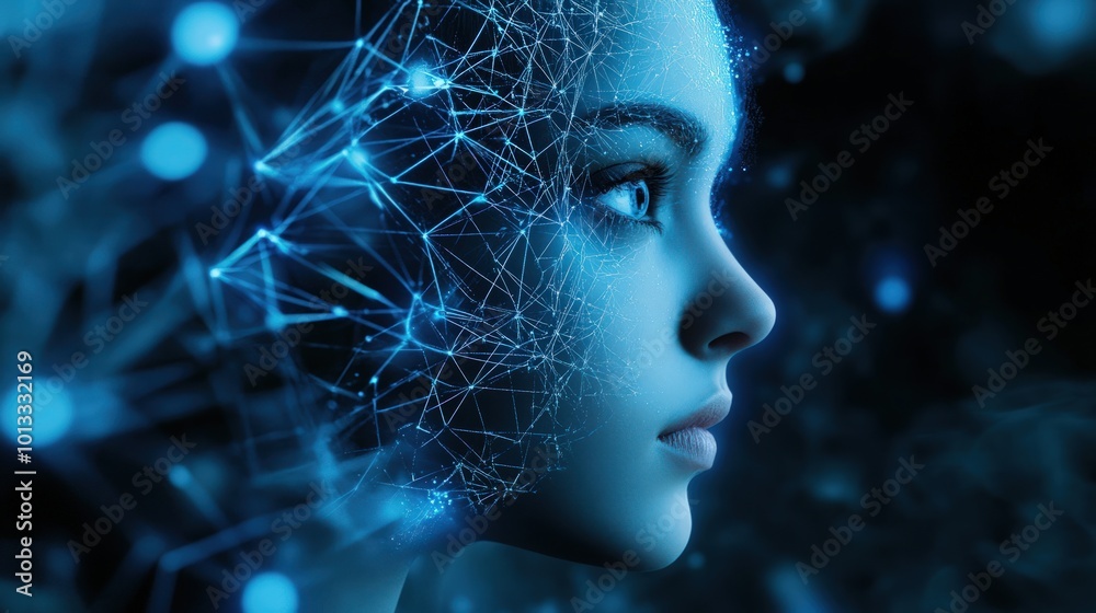 Cyber girl with a digital neural network brain showing AI activity Cyber girl with a digital neural network brain showing AI activity