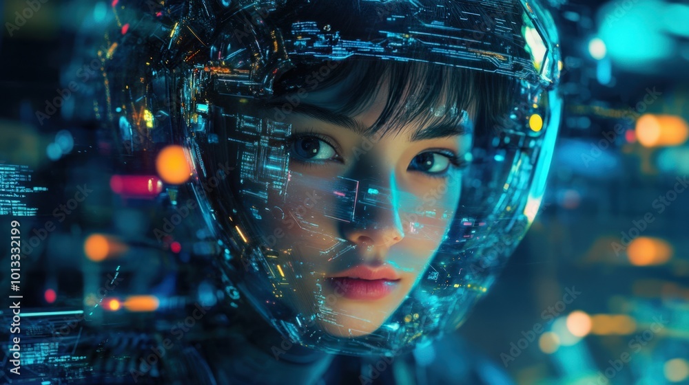Cyber girl with a digital brain that interfaces with virtual realities Cyber girl with a digital brain that interfaces with virtual realities