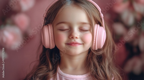 Wallpaper Mural "Portrait of a smiling young girl wearing pink headphones, eyes closed, enjoying music in a peaceful moment. Childhood joy, music listening, relaxation, and cute innocence." Torontodigital.ca